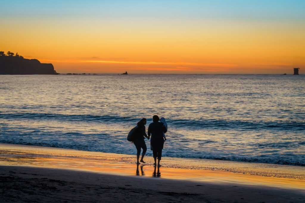 A family in Baker Beach at Sunset