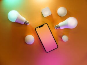 Smart home electronic devices. Empty phone screen.