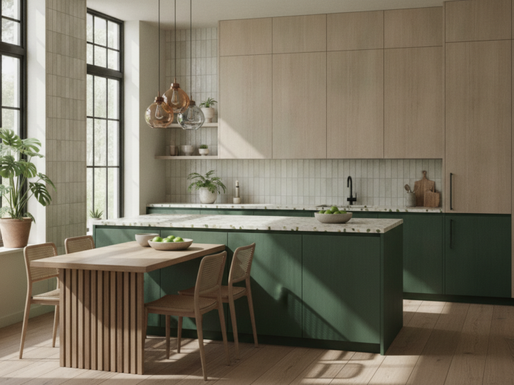 Gelaagde two-tone keukens in 2026 met natuurlijke kleurcombinaties