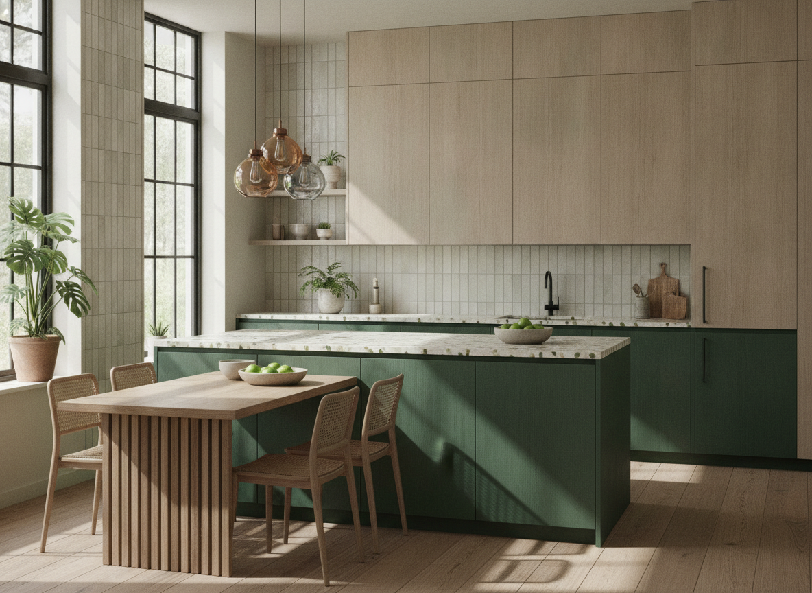 Gelaagde two-tone keukens in 2026 met natuurlijke kleurcombinaties